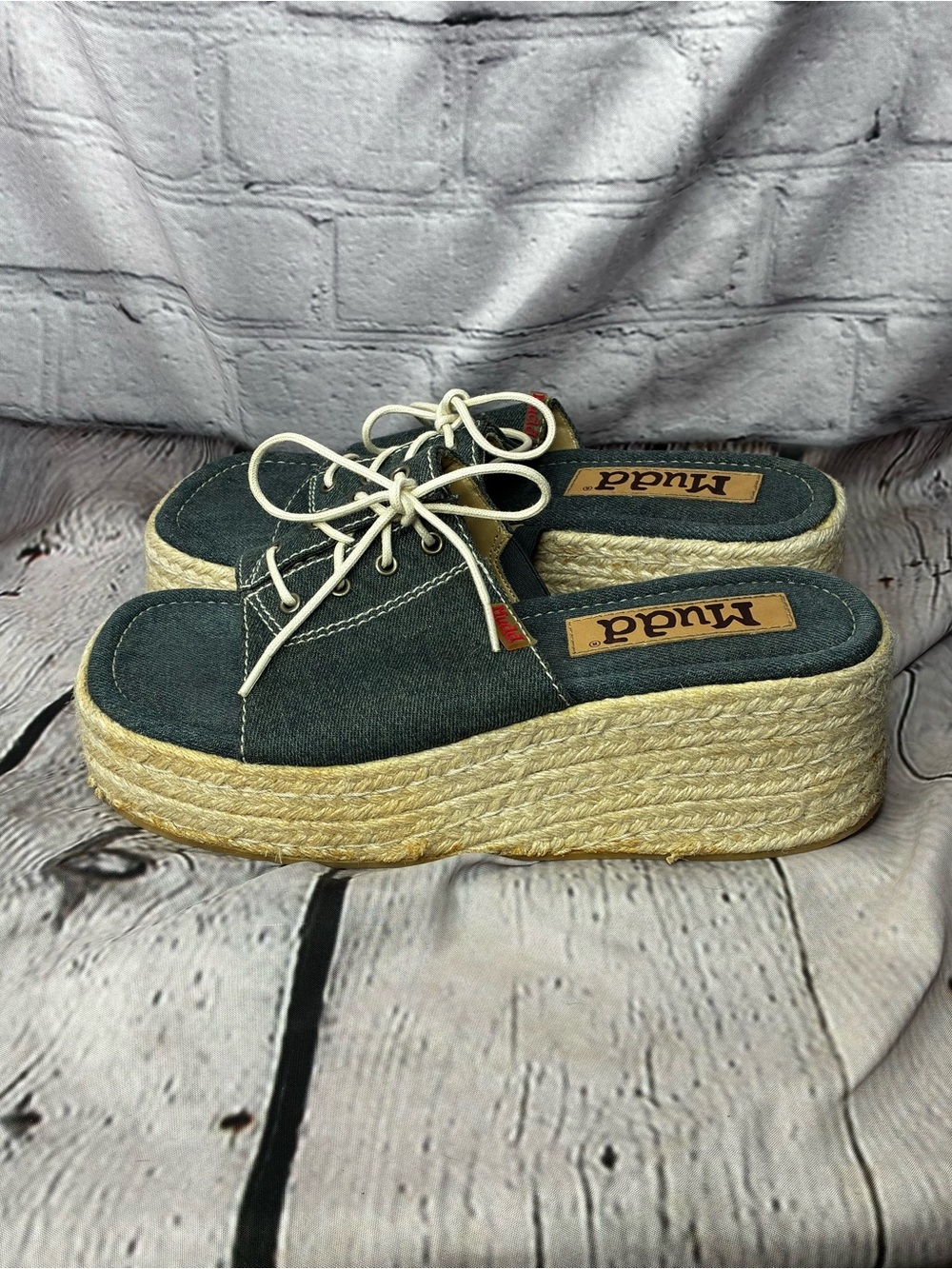 VTG Y2K Mudd Street Style Chunky Platform Tie Front Denim Espadrille Sandals 8.5